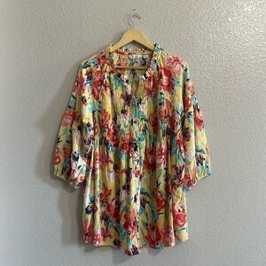 CAFFE MARRAKESH Vintage Yellow Floral 3/4 Puff Sleeve Button Down Blouse Size 1X